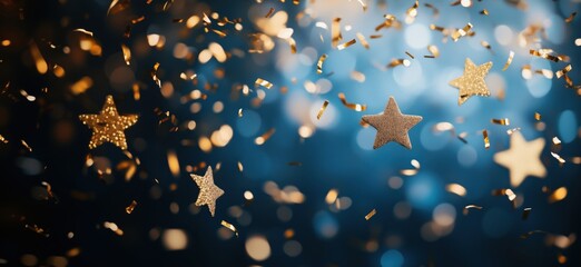 Golden stars and confetti falling, festive celebration atmosphere, shimmering lights, blue background, party decorations, copy space for text