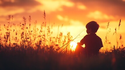 Silhouette of a young boy enjoying a peaceful sunset in a grassy field.