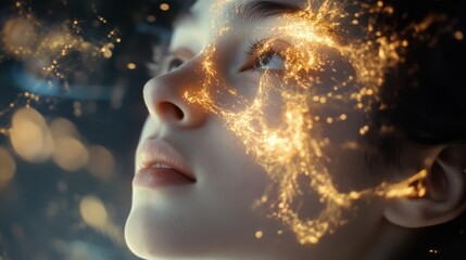 A dreamy face glows with golden light trails, connecting thoughts to stars, evoking wonder and cosmic curiosity.