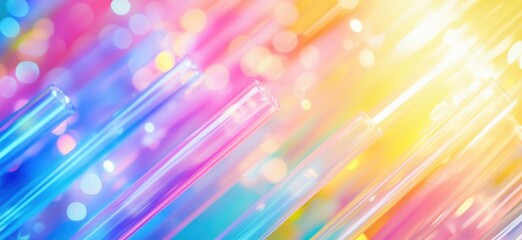 Colorful test tubes with vibrant bokeh background, bright hues, abstract design, laboratory concept, copy space for text