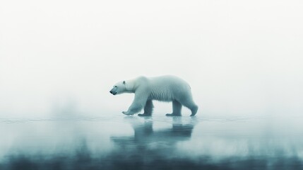 A lone polar bear strides gracefully across icy terrain enveloped in a misty, ethereal atmosphere of a wintry wilderness.