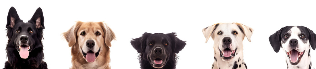 Banner with several dogs looking straight on white background. Free space.