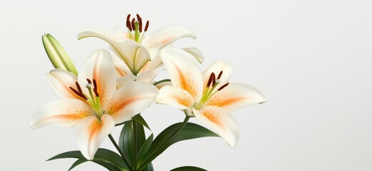Lily flowers bouquet, elegant white petals with orange accents, green leaves, soft background, copy space for text