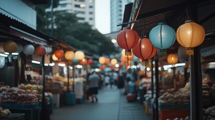 Colorful lanterns illuminate a bustling evening market, offering a vivid blend of culture and commerce.