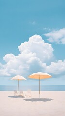 Two white umbrellas shade lounge chairs on a tranquil beach under a blue sky.