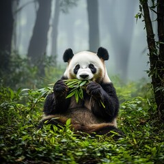 Naklejka premium Cute Giant Panda Sitting in Lush Green Forest Enjoying Bamboo Snack