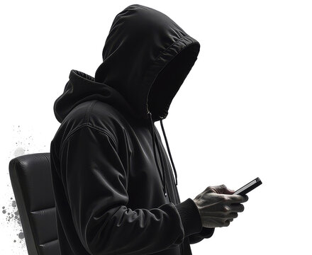 A faceless man in a black hoodie holds a phone in his hands and dials a number on a white background. The concept of fighting phone scammers, hackers. Low key, dramatic light. Copy-space.