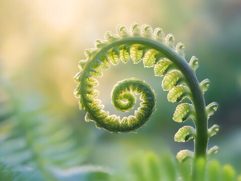 A close-up of a vibrant green fern frond unfurling, showcasing its delicate spiral shape.