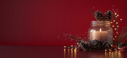 Candle centerpiece with pinecones, festive decor, warm glow, red background, holiday ambiance, copy space for text