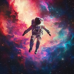 Fototapeta premium Space: A lone astronaut floating in space near a colorful nebula. 
