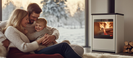 Familiy hug in warm living room with stove