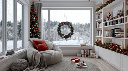 Cozy Winter Living Room with Christmas Decor and Snowy View