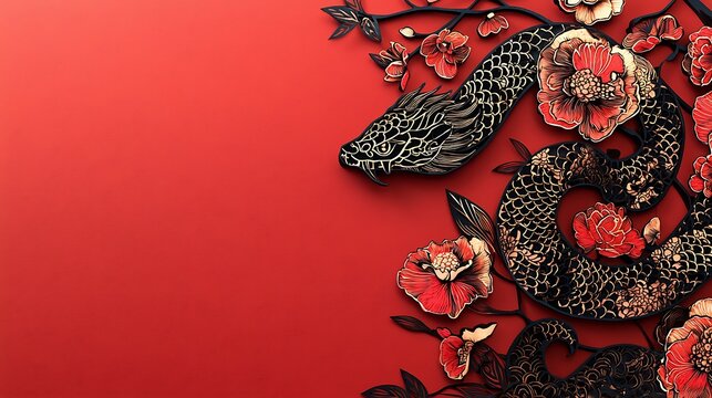 A red background with a snake and flowers