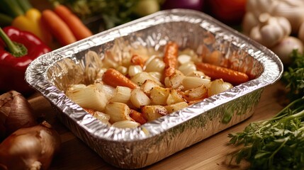 Freshly Roasted Vegetables in Aluminum Tray Surrounded by Colorful Produce on Wooden Surface, Highlighting Culinary Creativity and Healthy Eating Options