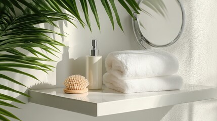 Serene Bathroom Setting Featuring Plush White Towels, Natural Brush, Elegant Skincare Bottle, and Lush Greenery for a Relaxing Self-Care Experience