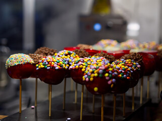 Chocolate cake pops in wooden sticks close-up high quality photo 