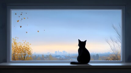 A black cat gazes out of a window at a serene autumn sunset.