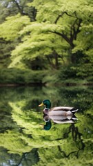 A detailed, high-resolution photo of a mallard duck floating calmly on a clear pond. The pond is surrounded by vibrant green trees, which are reflected on the water's surface. The background is filled