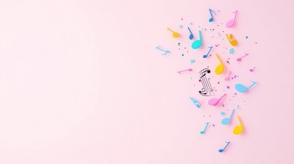 Fototapeta premium Colorful musical notes scattered on a pink background.