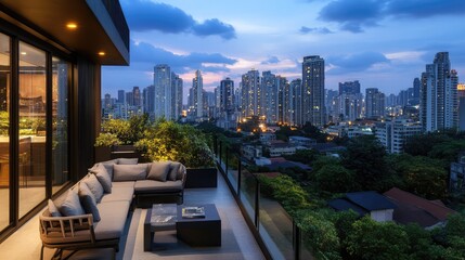 Obraz premium Modern Apartment Terrace Overlooking Urban Skyline at Dusk with a Beautiful View of Skyscrapers and Glowing City Lights