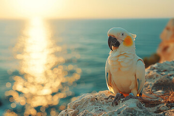 a white macaw parrot sits on a stone against the background of the sea or ocean, a beautiful seascape with a place for text, travel advertising