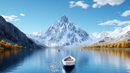 Obraz premium Scenic mountain landscape with a serene lake and a boat.