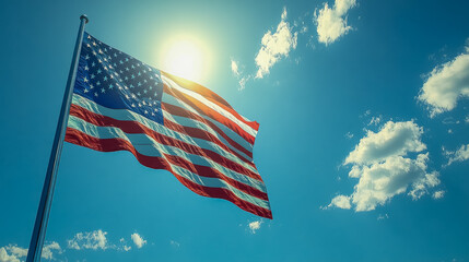 Majestic American Flag Waving Proudly in Bright Blue Sky Symbol of Freedom and Patriotism Under the Sunlit Clouds