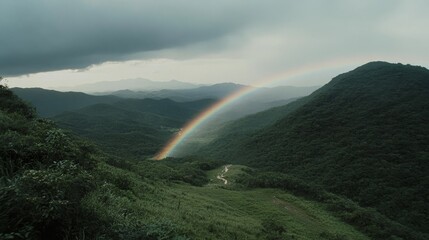 A breathtaking rainbow arches gracefully over lush green mountains, with a delicate path winding through the landscape below.