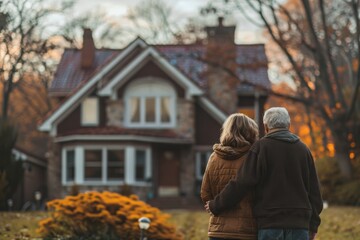 Older couple stands close, gazing at a charming house at sunset. Concept of home, togetherness, and tranquility. For real-estate or family life photo.