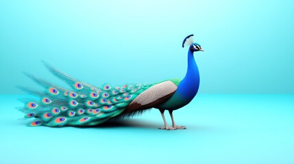 Fototapeta premium A vibrant peacock showcasing its colorful plumage against a blue background.