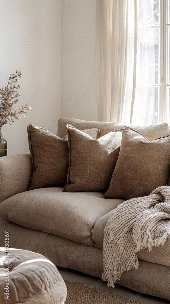 Poster a beautifully arranged mocha couch sits comfortably in a softly lit living room, adorned with four e