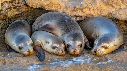 Fototapeta premium Group of Sea Lions Resting on Rocky Surface in Nature Setting