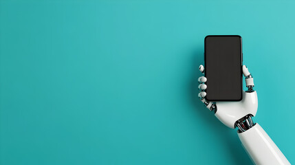 An abstract representation of a robot hand holding a smartphone with no intricate details. Robot hand holding smartphone.