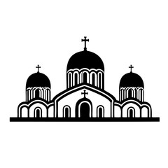 Orthodox church silhouette with domes and crosses in black and white, minimalistic religious architectural design.
