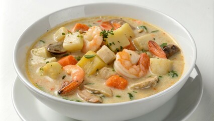 Fototapeta premium Seafood chowder in a white bowl, creamy and hearty, viewed from above.