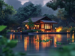Fototapeta premium Minimalist riverside hideaway, serene atmosphere