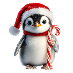 Fototapeta premium A cute penguin wearing a red Santa hat and holding a candy cane, isolated on transparent background