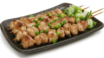 Fototapeta premium Grilled Chicken Skewers with Green Onions on a Black Plate
