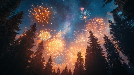 Dreamy Night Fireworks Pine Trees Sky