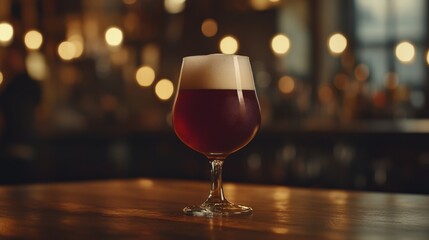 Elegant Glass of Dark Beer with Foam on Wooden Table in Bar Setting