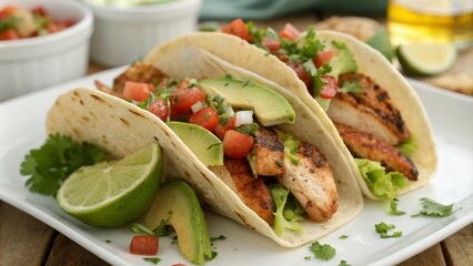 Obraz premium Tacos filled with grilled chicken, fresh veggies, and flavorful toppings.