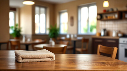 Empty room table decorated with beige towel food advertisement display. Table with advertisement place. Blurred kitchen background. Food promotion background.