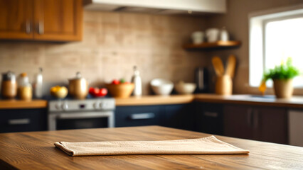 Empty room table decorated with beige towel food advertisement display. Table with advertisement place. Blurred kitchen background. Food promotion background.