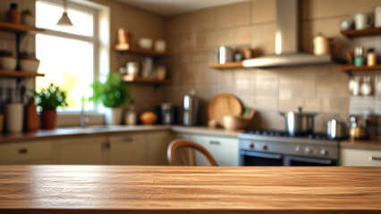 Empty room table decorated with beige towel food advertisement display. Table with advertisement place. Blurred kitchen background. Food promotion background.
