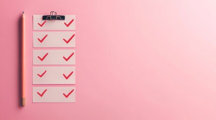 A checklist with red check marks and a pencil on a pink background.
