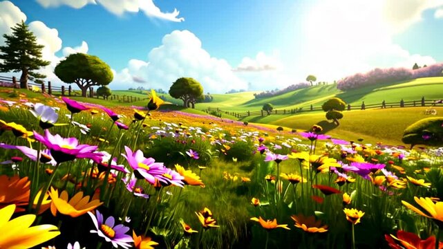 Animated landscape of a colorful flower field with rolling hills and fluffy clouds in the background.