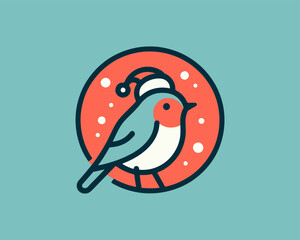 Christmas Robin Bird Santa Claus Cap Logo Design Icon Vector Illustration. Merry Christmas