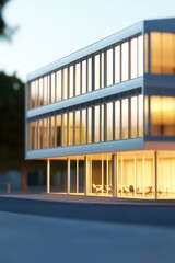 Modern Glass and Steel Commercial Building at Sunset