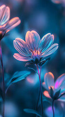 Phone wallpaper: beautiful flower in the garden, macro photography, neon lights, glowing flowers, light blue and purple tones