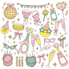 Cute Pastel Champagne and glasses Party Celebration New Year and Birthday Drinks cartoon doodle Hand Drawn Set